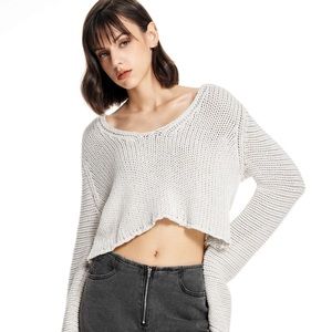 Cider Solid Knitted Long Sleeve Crop Top Sweater